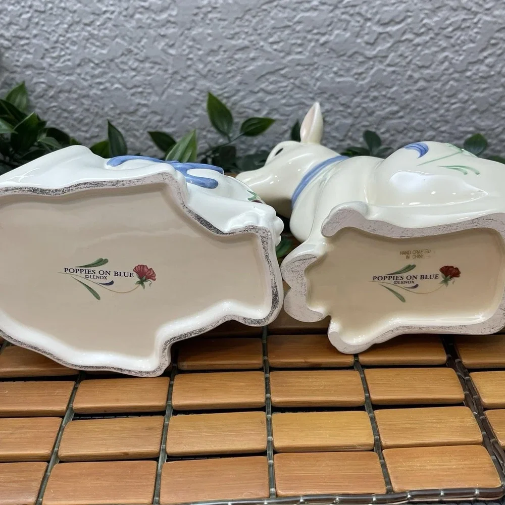 Vintage Lenox Poppies on Blue Cow Creamer Kitty Cat Sugar Bowl Barnyard Set 1998